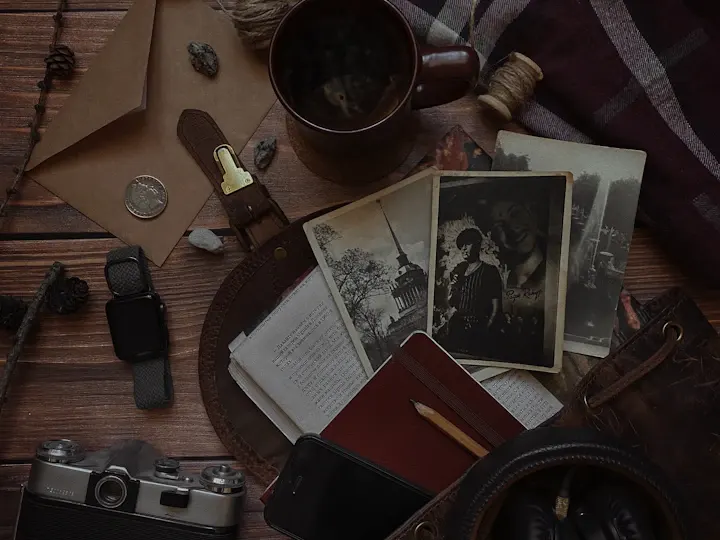 Appareil photo et carnet sur une table en bois